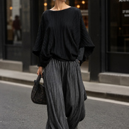Conjunto Negro de Top Plisado Murciélago y Pantalón Ancho