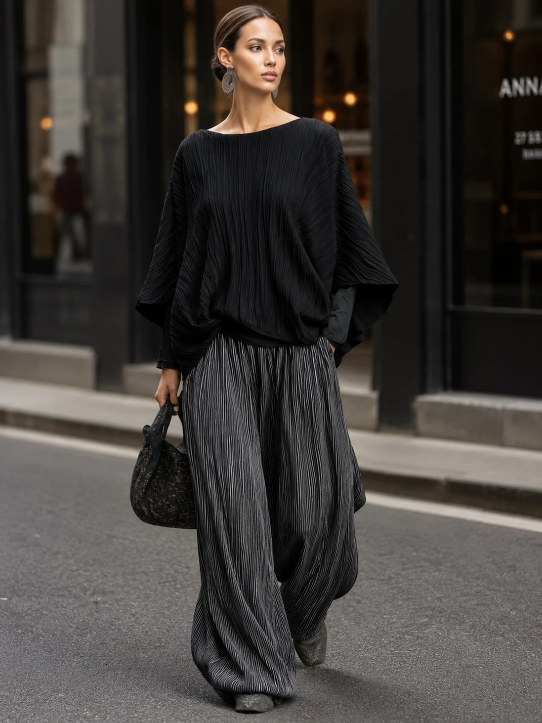 Conjunto Negro de Top Plisado Murciélago y Pantalón Ancho