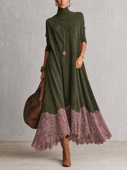 Vestido evasé de cuello alto con paneles de encaje y manga larga