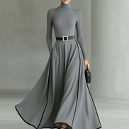 Vestido Maxi Negro con Cuello Alto Manga Larga y Cinturón