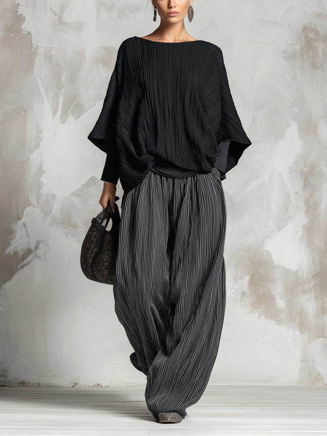 Conjunto Negro de Top Plisado Murciélago y Pantalón Ancho