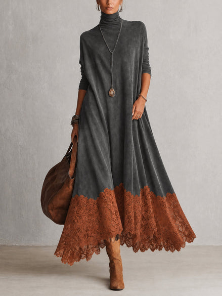 Vestido evasé de cuello alto con paneles de encaje y manga larga