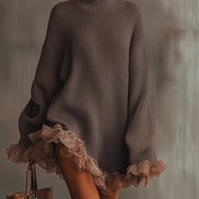 Vestido de Punto Marrón con Cuello Alto y Bajo con Volantes