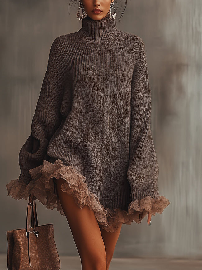 Vestido de Punto Marrón con Cuello Alto y Bajo con Volantes