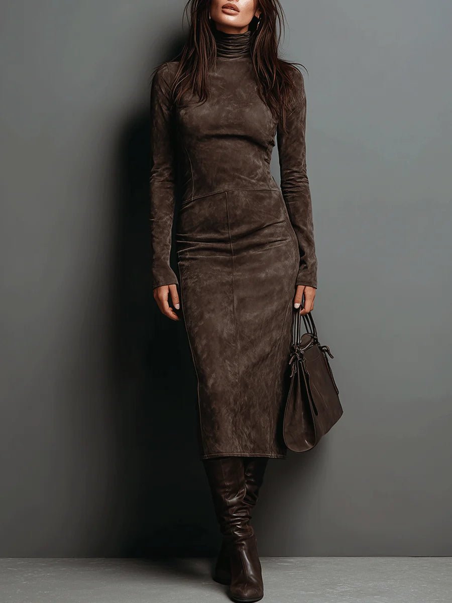 Vestido Midi de Ante con Cuello Alto y Manga Larga