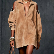 Vestido Mini de Ante Sintético Camel con Hombros Fríos