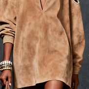 Vestido Mini de Ante Sintético Camel con Hombros Fríos