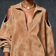 Vestido Mini de Ante Sintético Camel con Hombros Fríos