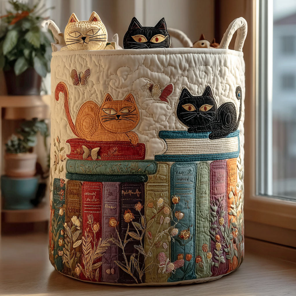 Gatos y libros | Cesta de almacenamiento acolchada