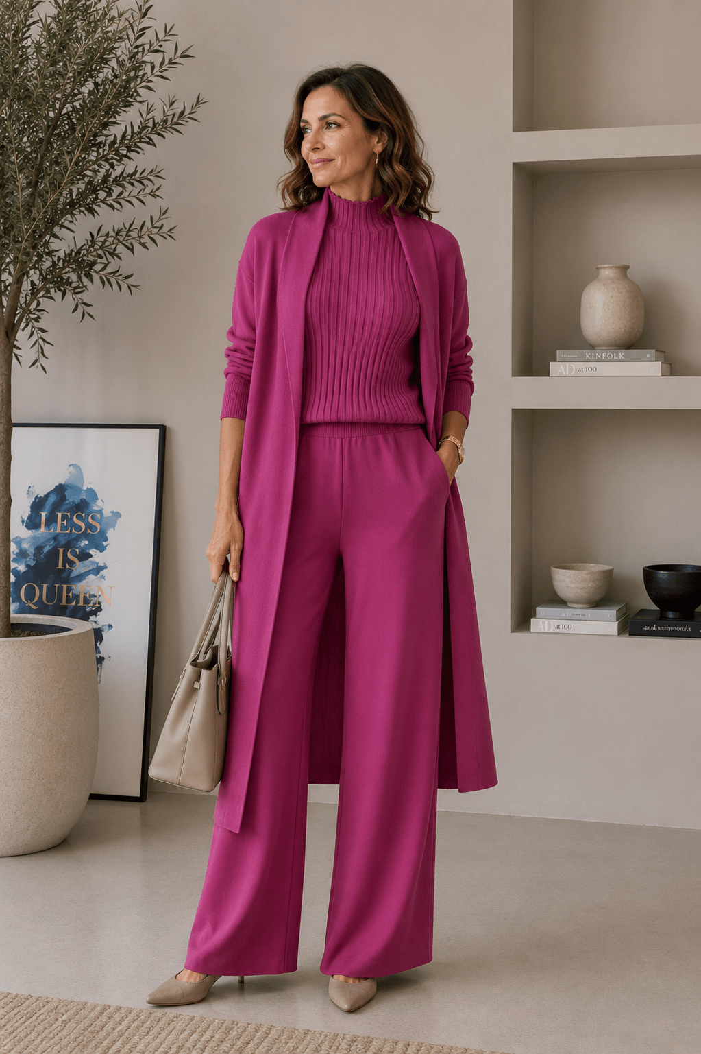 Conjunto 3 piezas de viscosa con top canalé y cárdigan