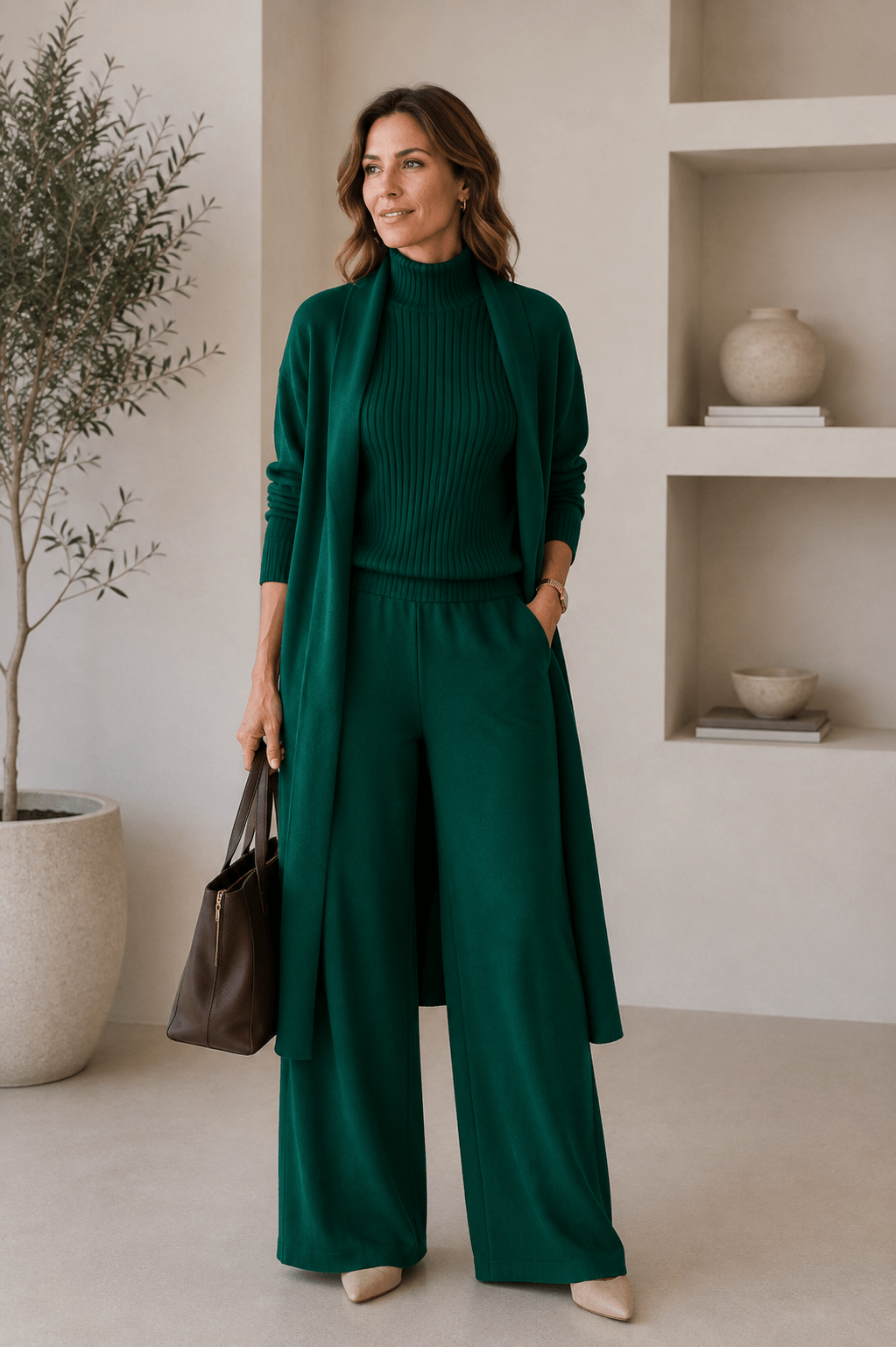 Conjunto 3 piezas de viscosa con top canalé y cárdigan