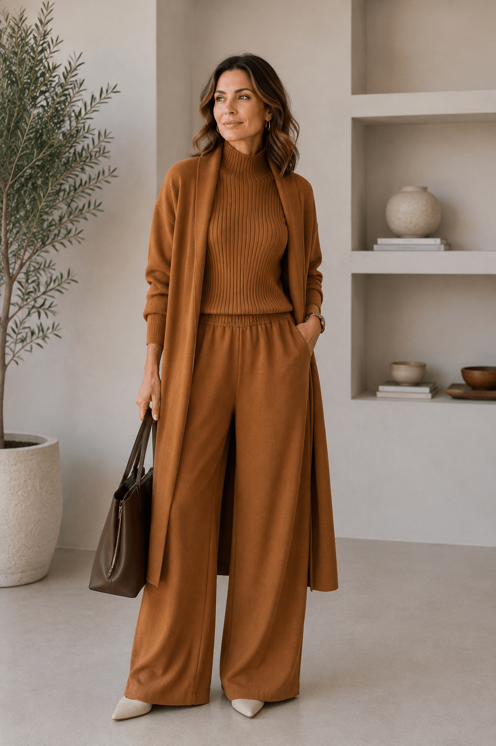 Conjunto 3 piezas de viscosa con top canalé y cárdigan