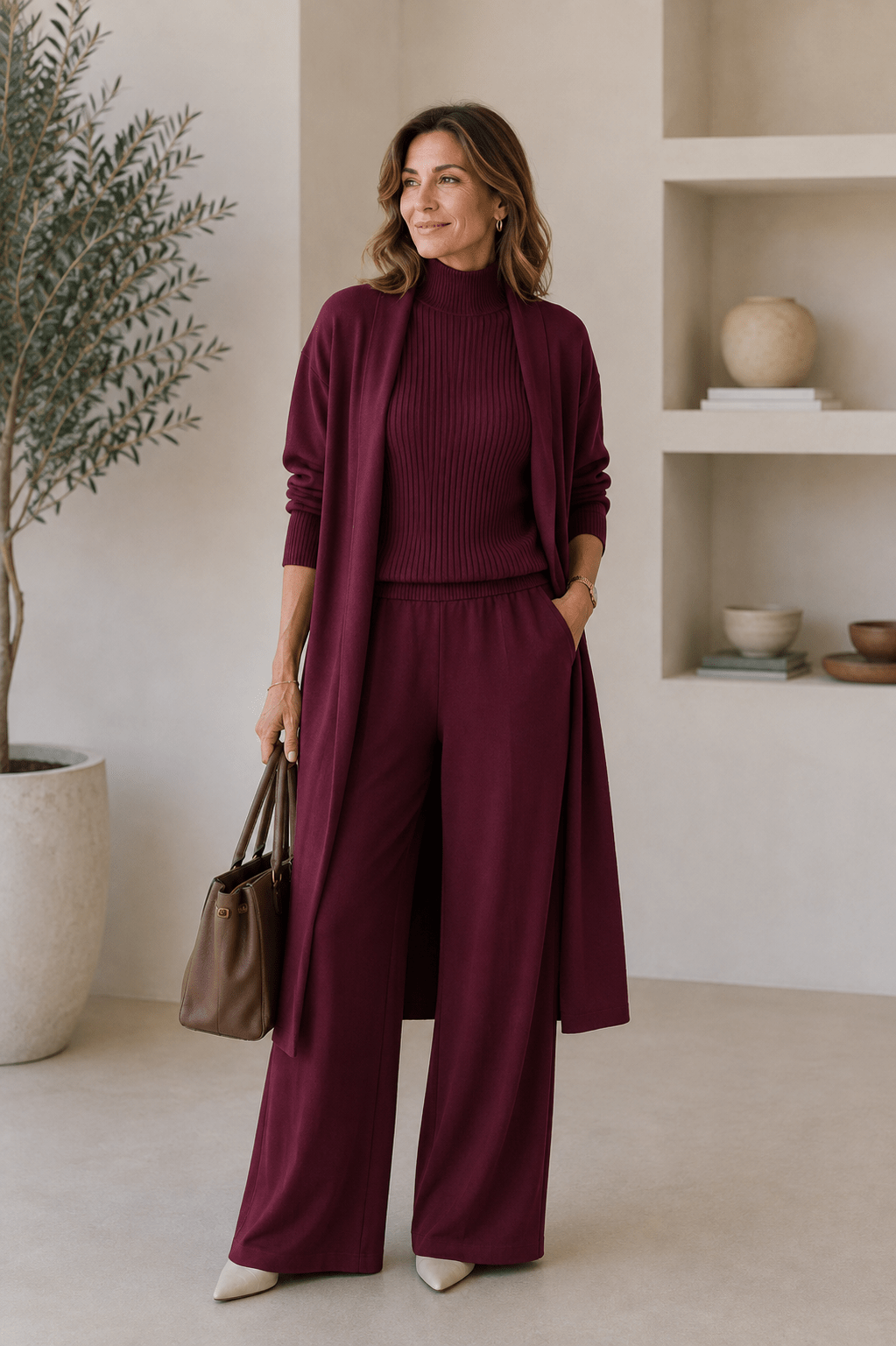 Conjunto 3 piezas de viscosa con top canalé y cárdigan