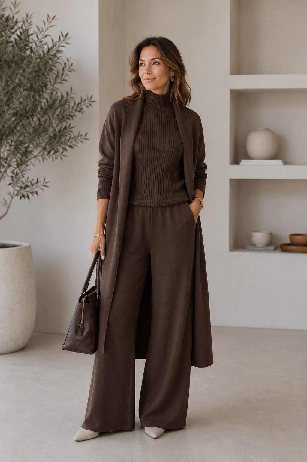 Conjunto 3 piezas de viscosa con top canalé y cárdigan