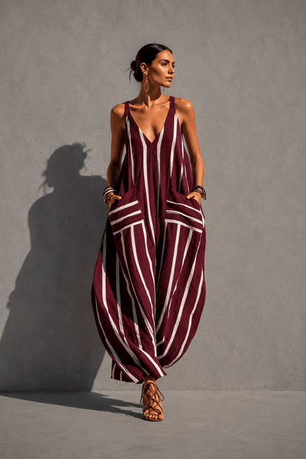 Mono Largo de Lino a Rayas Boho con Bolsillos y Escote en V