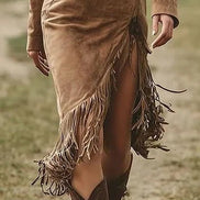Vestido Midi de Ante con Manga Larga y Bajo con Flecos Irregulares