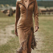 Vestido Midi de Ante con Manga Larga y Bajo con Flecos Irregulares