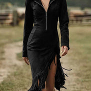 Vestido Midi de Ante con Manga Larga y Bajo con Flecos Irregulares