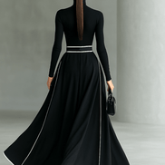 Vestido Maxi Negro con Cuello Alto Manga Larga y Cinturón
