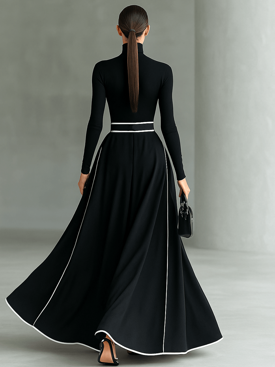 Vestido Maxi Negro con Cuello Alto Manga Larga y Cinturón