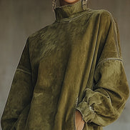 Vestido Mini de Ante Sintético con Cuello Alto y Bajo con Flecos