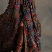 Vestido Maxi Retro a Cuadros Marrón Rojizo con Cuello Solapa