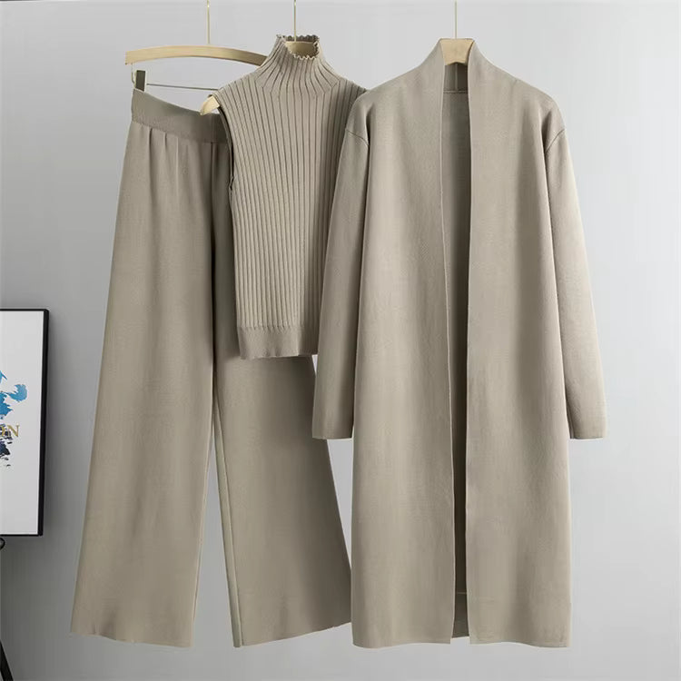 Conjunto 3 piezas de viscosa con top canalé y cárdigan