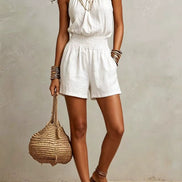 Mono Corto Boho Verde con Cuello Halter y Cintura Fruncida