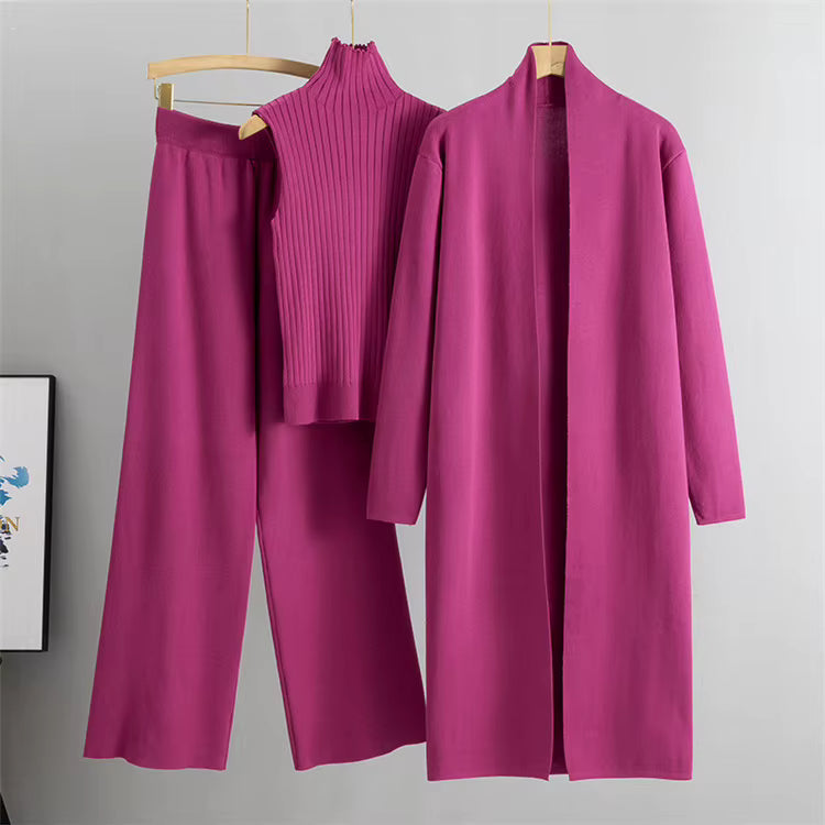 Conjunto 3 piezas de viscosa con top canalé y cárdigan