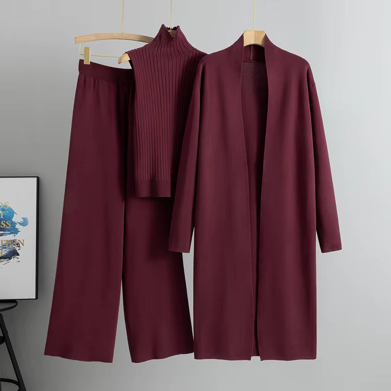 Conjunto 3 piezas de viscosa con top canalé y cárdigan