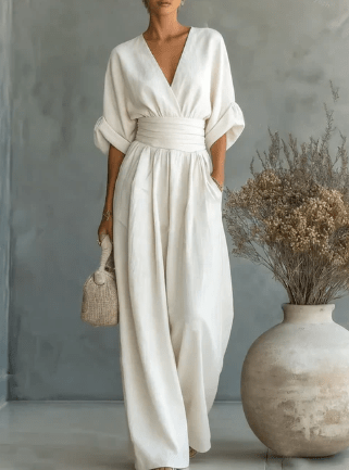 Elegante mono holgado de cuello en V y talle alto. STOCK