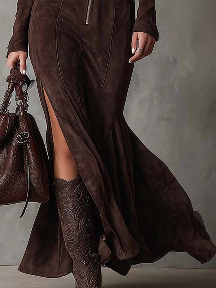 Vestido Maxi Vintage de Ante Marrón con Cremallera y Cinturón