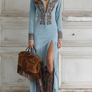 Vestido Maxi de Ante Sintético Western con Bordado y Flecos