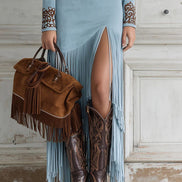 Vestido Maxi de Ante Sintético Western con Bordado y Flecos