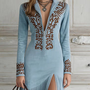 Vestido Maxi de Ante Sintético Western con Bordado y Flecos