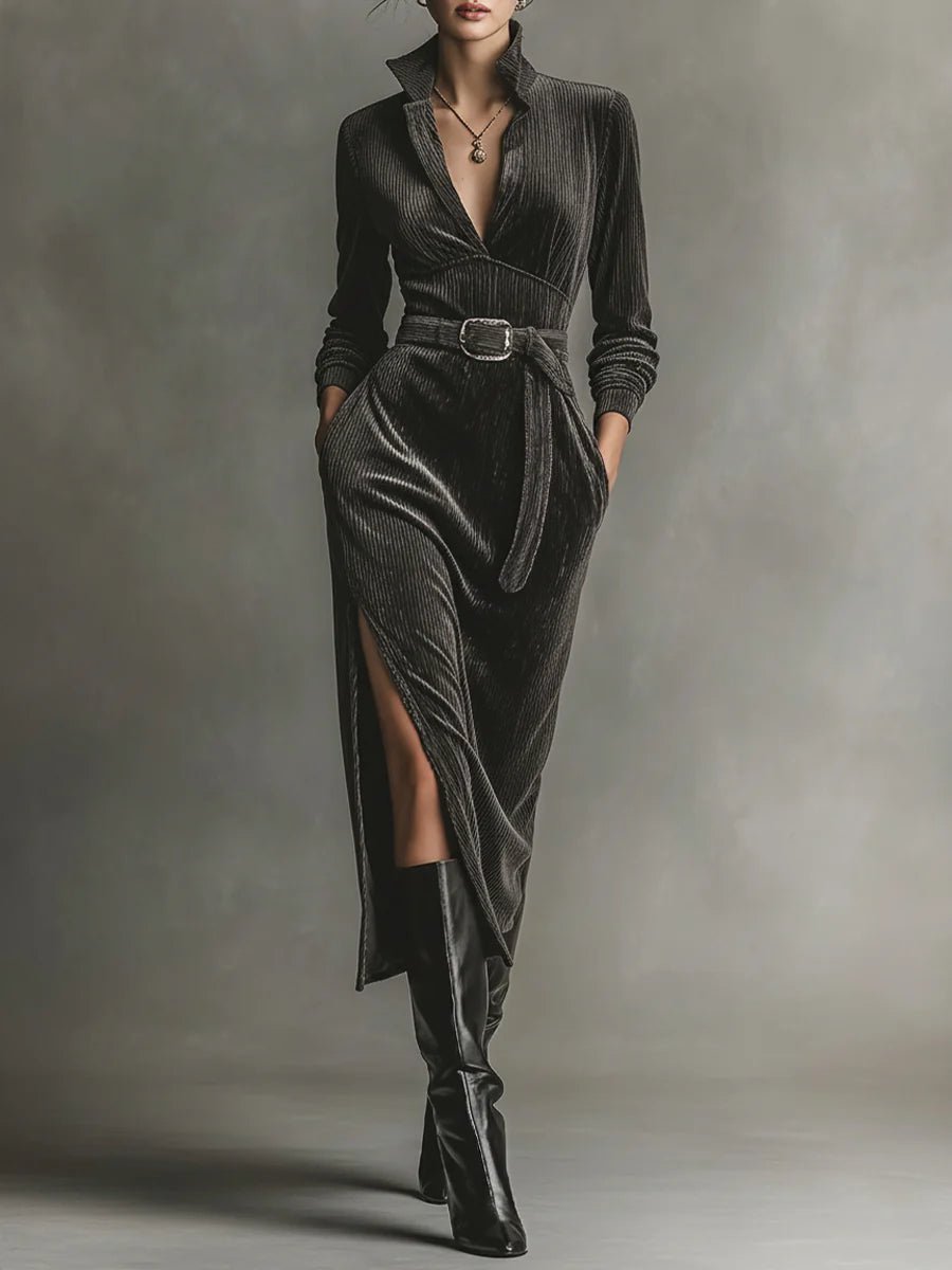 Vestido de Pana Elegante con Cuello Anudado y Aberturas Laterales