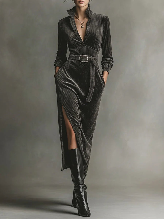 Vestido de Pana Elegante con Cuello Anudado y Aberturas Laterales