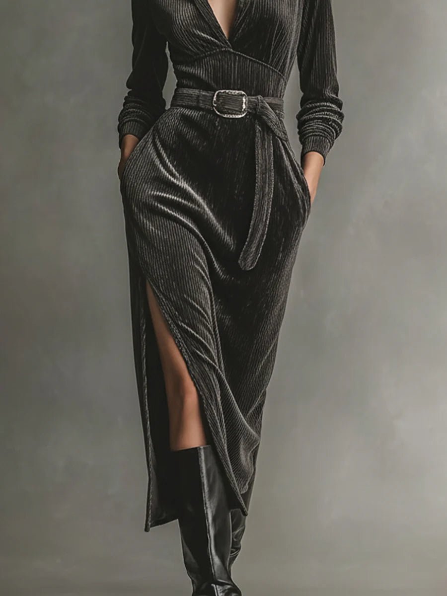 Vestido de Pana Elegante con Cuello Anudado y Aberturas Laterales