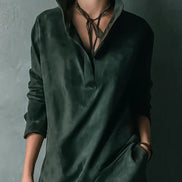 Vestido Largo Holgado de Ante Verde con Cuello Solapa y Manga Larga