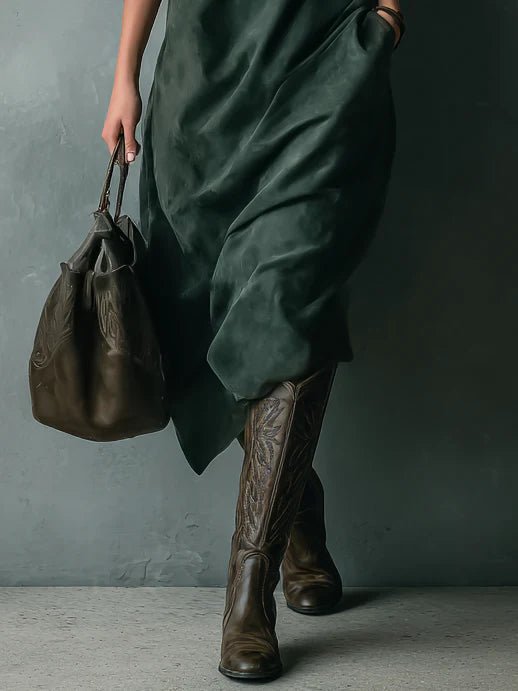 Vestido Largo Holgado de Ante Verde con Cuello Solapa y Manga Larga