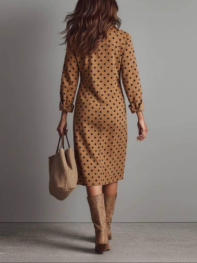 Vestido Midi con Lunares y Cuello Camisa