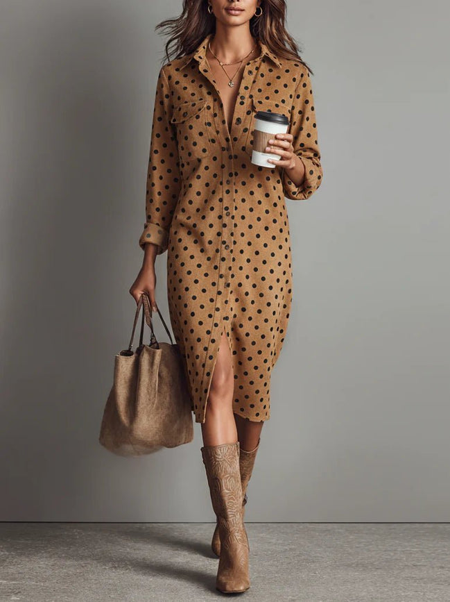 Vestido Midi con Lunares y Cuello Camisa