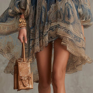 Vestido Mini de Chifón Azul Marino con Estampado Barroco y Cuello Alto