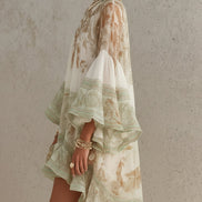 Vestido Mini de Chifón Verde con Manga Volante y Bajo con Volantes
