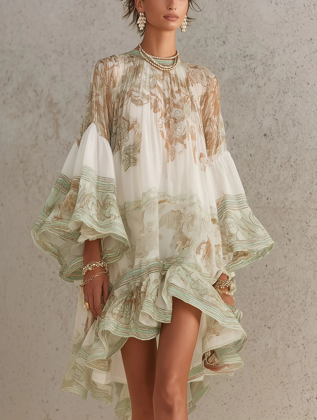Vestido Mini de Chifón Verde con Manga Volante y Bajo con Volantes