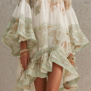 Vestido Mini de Chifón Verde con Manga Volante y Bajo con Volantes