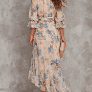 Vestido Maxi Chifón Beige con Estampado Floral Pintura al Óleo