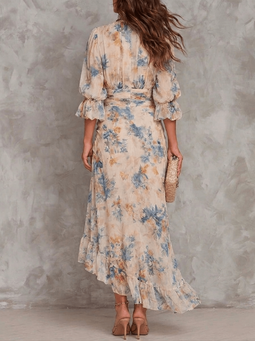 Vestido Maxi Chifón Beige con Estampado Floral Pintura al Óleo