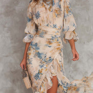 Vestido Maxi Chifón Beige con Estampado Floral Pintura al Óleo