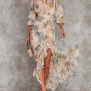 Vestido Maxi Chifón Beige con Estampado Floral Pintura al Óleo